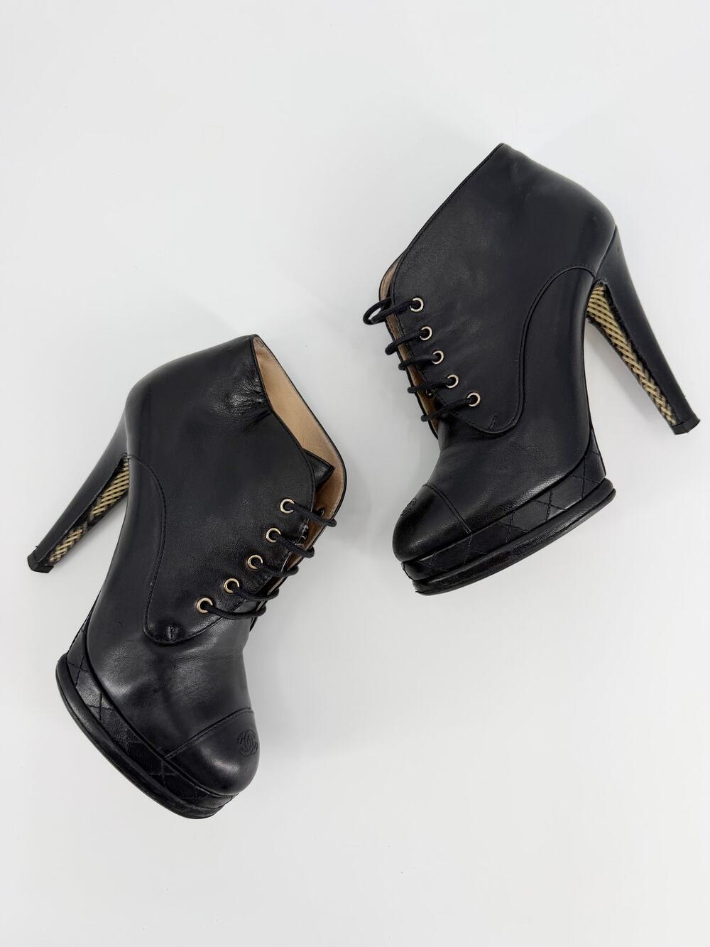 Chanel 2012 Archival Quilted Leather CC Lace Up Platform Booties Size 37 EU 6.5